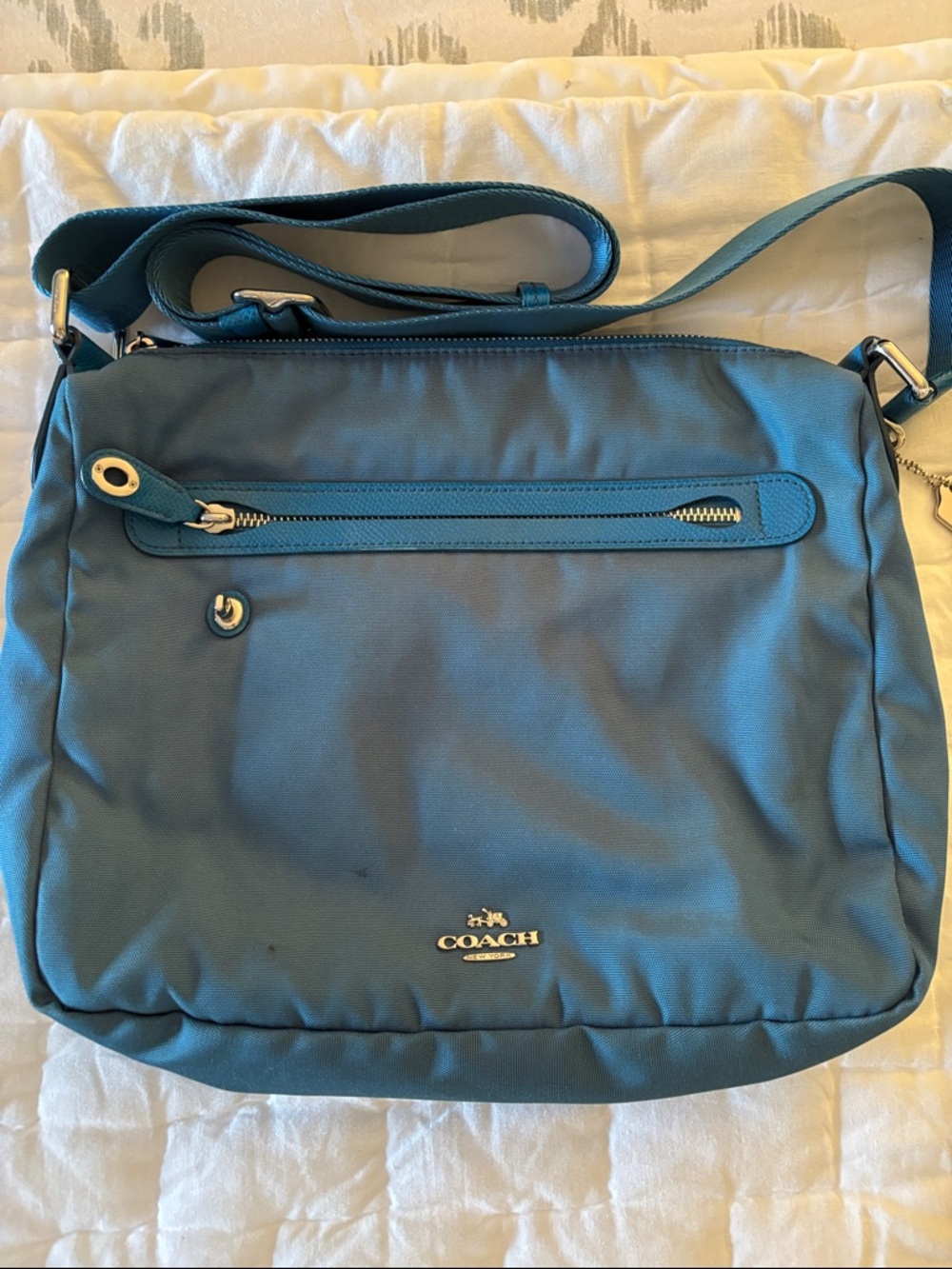 Coach Teal Nylon Crossbody with Silver Hardware